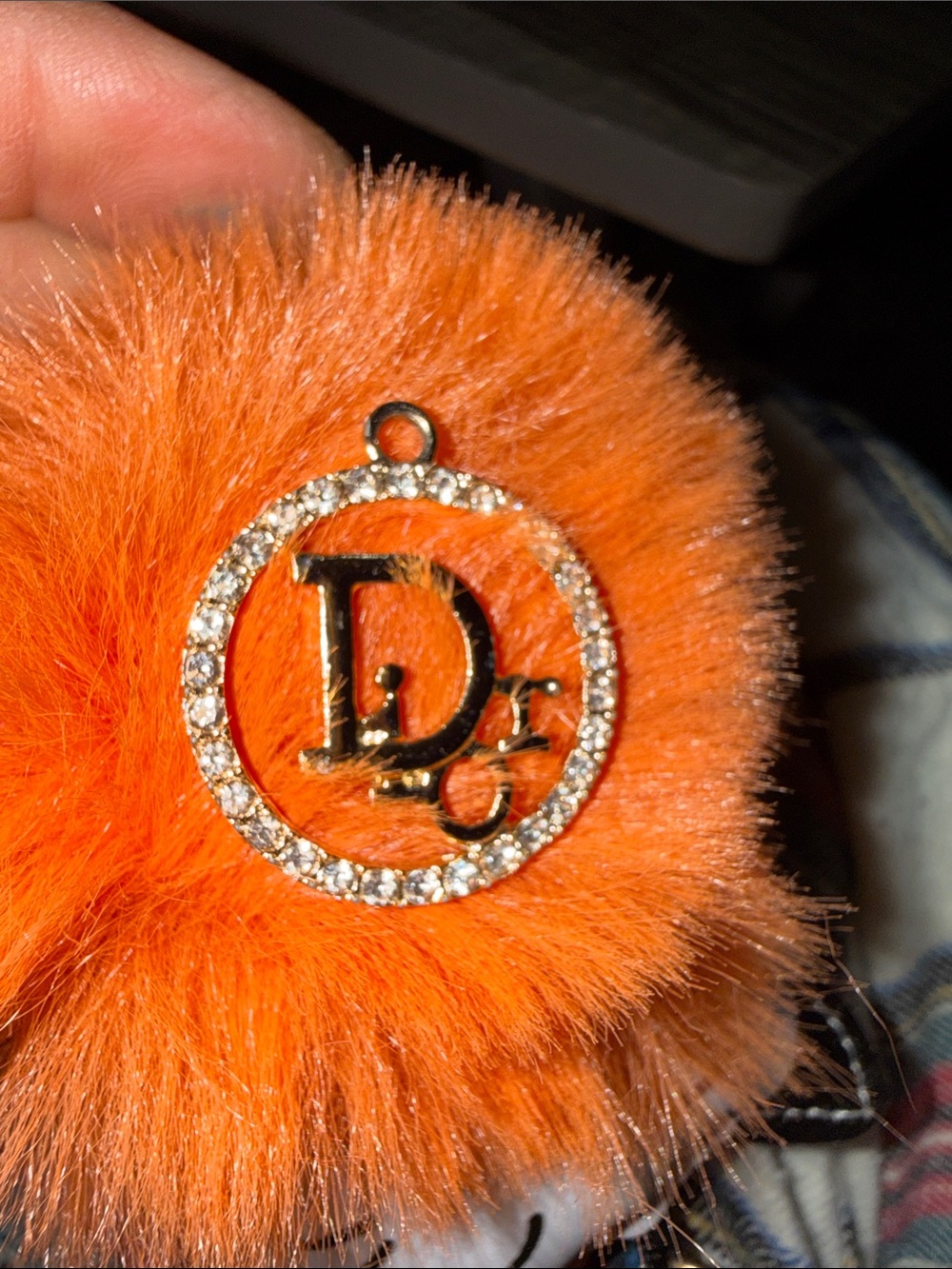 Designer-Inspired Orange Pom Keychain with Crystal Logo Charm